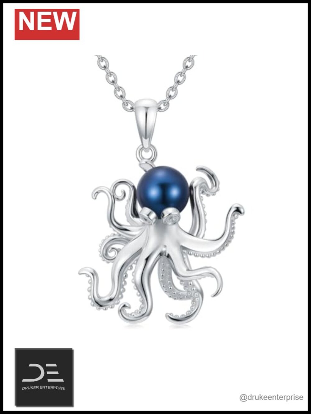 925 Sterling Silver Black Pearl Octopus Pendant Necklace 18 inch Women